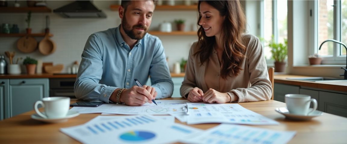 man and woman seated at kitchen table working on their party center business plan