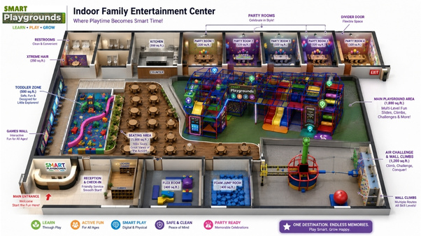 the layout of your indoor playground equipment is determined by your party center space